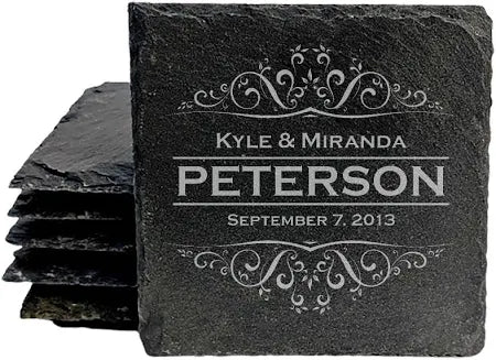 Personalized Monogram Natural Slate Stone Coaster Set - Square Slate - set of 4